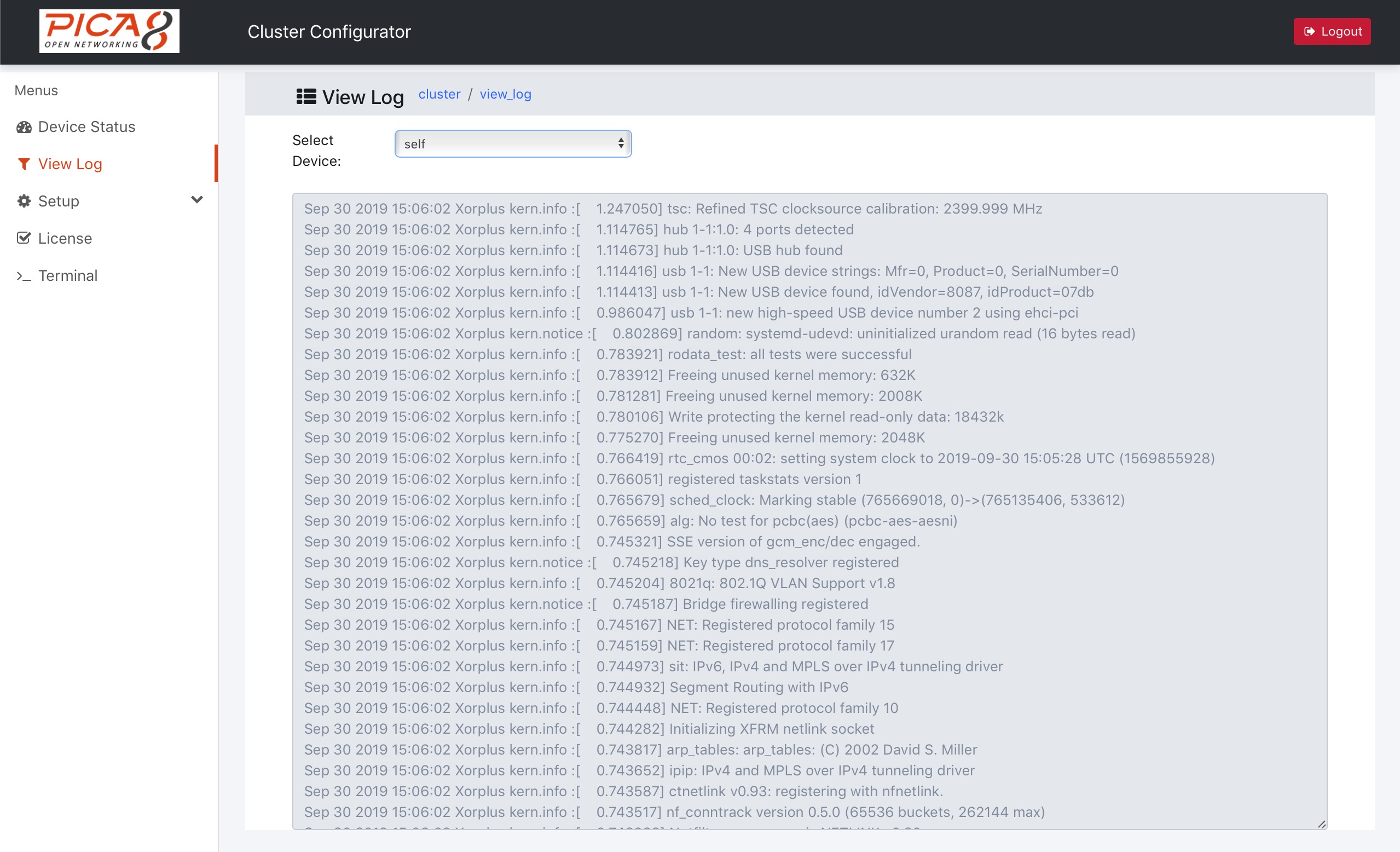 Check syslog messages from any switch of the cluster. Messages are time descending order sorted. These syslog messages are also relayed to the user configured remote syslog server.