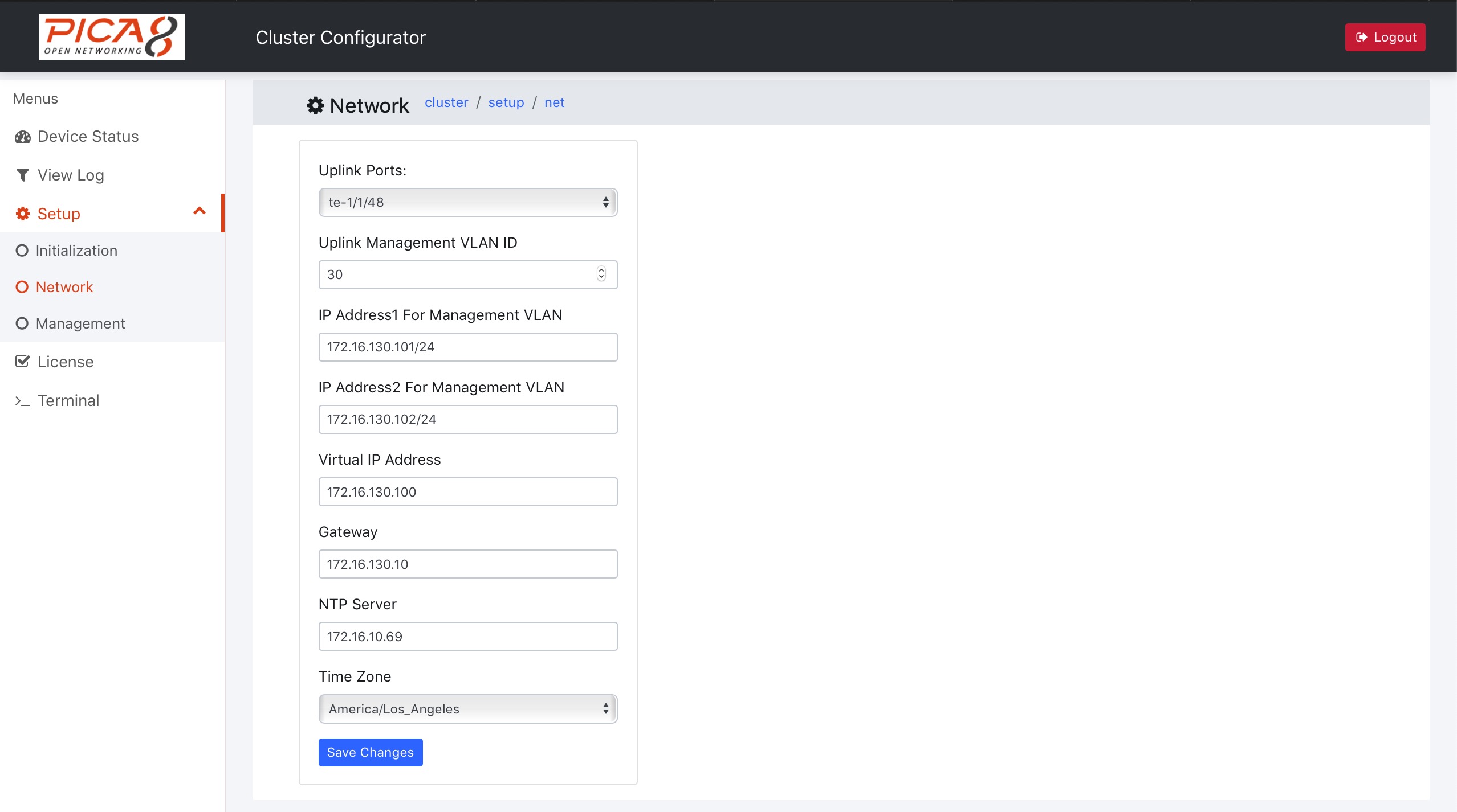 Configure the most common network management configurations required to operationalize a switch cluster. The Cluster Name, Login Banner are automatically synced down to all the leafs. TACACS is used for AAA control on the spine switches; in a CC deployment the leafs do not have any external network management connectivity, everything is configured via the spines.